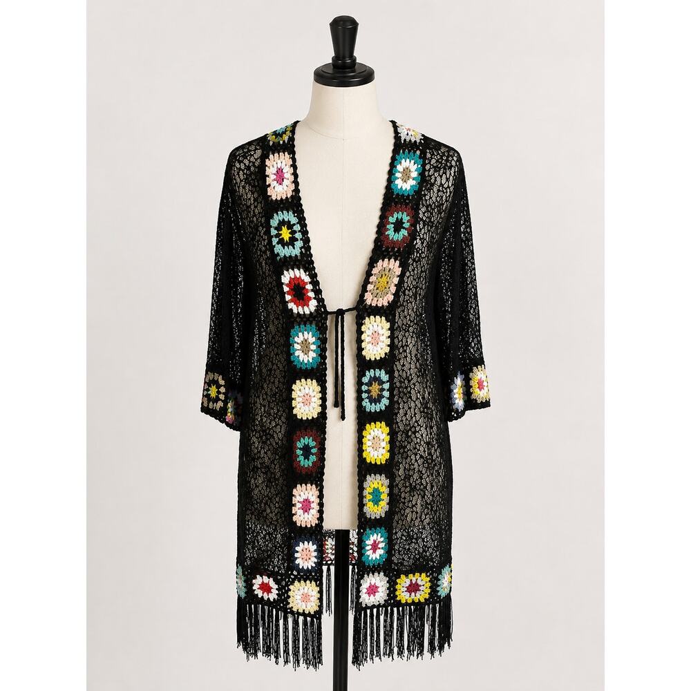 ASHA Womens Black Crochet Lace Fringe Boho Duster Kimono Festival Coverup NWOT